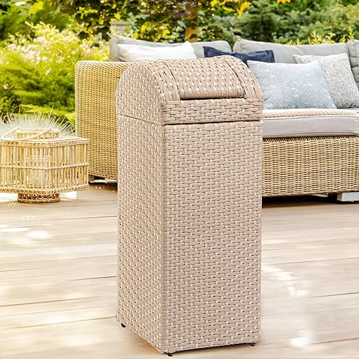 happimess HPM1201D Darla 14.27-Gallon All-Weather Wicker/Metal Swing Top Hideaway Outdoor Trash Can, Light Pink/White, Classic, Coastal, Casual Wastebin for Backyard, Patio, Porch, Kitchen