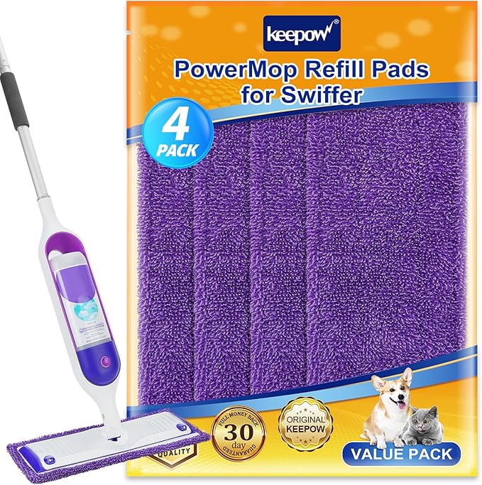 KEEPOW Reusable Mop Pads Compatible with Swiffer Power Mop Microfiber Mop Refills Replacement Wood Floor Pads Washable for All Floor Surfaces Cleaning, 4 Pack