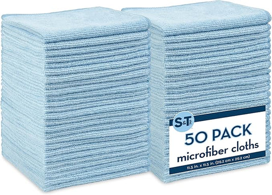 S&T INC. 50 Pack Microfiber Cleaning Cloth, Bulk Towels for Home, Reusable Microfiber Towels for Cars, Cleaning Rags, Light Blue, 11.5 Inches x 11.5 Inches, 50 Count