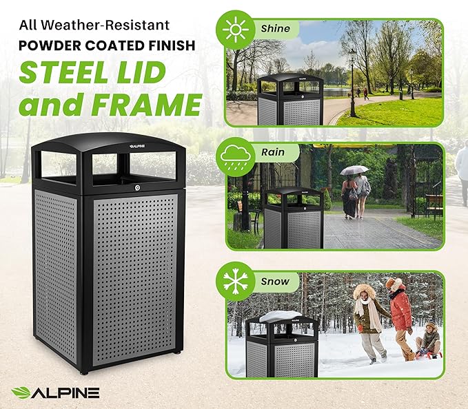 Alpine Outdoor Commercial Trash Can with Lid - 40 Gallon Heavy Duty Metal Garbage Can with Removable Bin, Locking Lid for a Modern Look in Parks, Malls, Parkings & High Traffic Areas (Black & Grey)