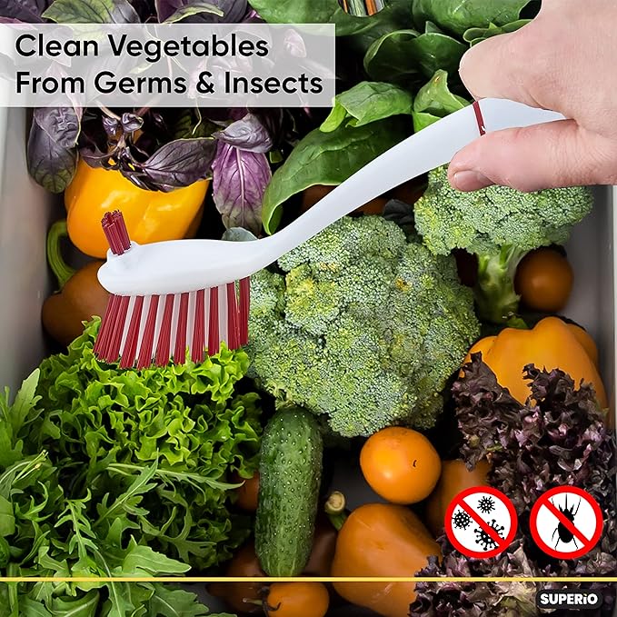 Dish Brush with Handle Vegetable Brush Double Sided Cleaning Brush Scrubber Non Scratch Scrub Brushes Kitchen Brush for Cooking, Foods- Fruits/Potatoes/Veggies, Sinks, Bath-Red, Superio