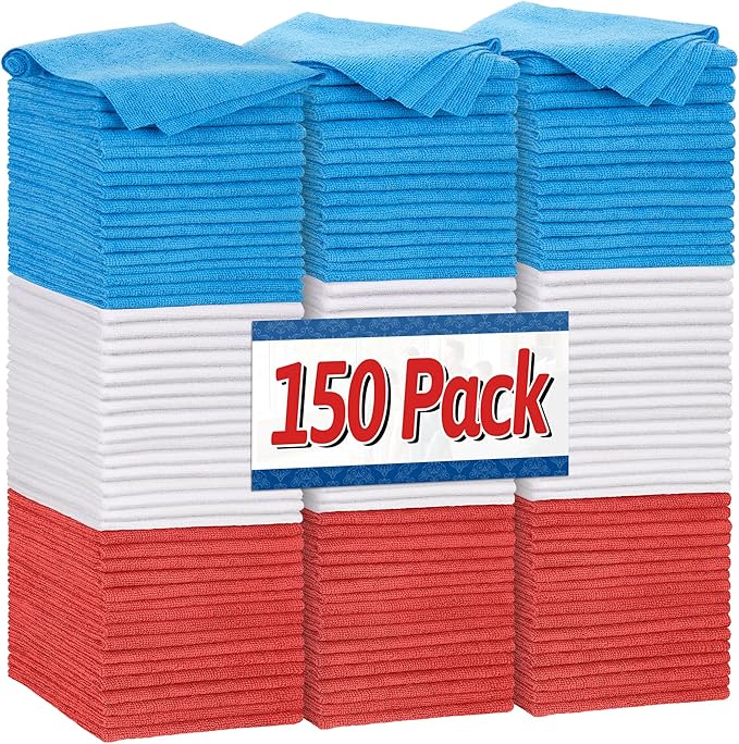 FIXSMITH Shop Towels, Pack of 150, Microfiber Cleaning Cloth Bulk, Microfiber Towels for Cars, Lint Free, Scratch-Free Cleaning Rags for Housekeeping, 11.5 x 11.5 inch