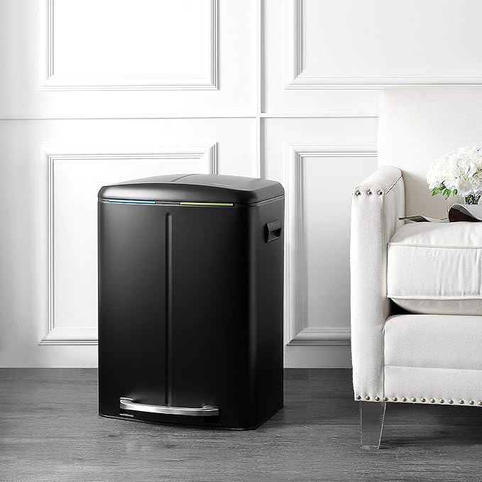 happimess HPM1005B Marco Rectangular 10.6-Gallon Double Bucket Trash Can with Soft-Close Lid, Fingerprint Resistant, Modern, Minimalistic for Home, Kitchen, Office, Bathroom, Black