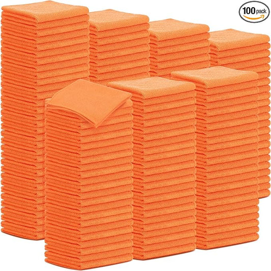 Tenare 100 Pack 12'' x 12'' Microfiber Cleaning Cloths Reusable Cleaning Rags Bulk Microfiber Towels Softer Highly Absorbent Washcloths for House Kitchen Car Window(Orange)
