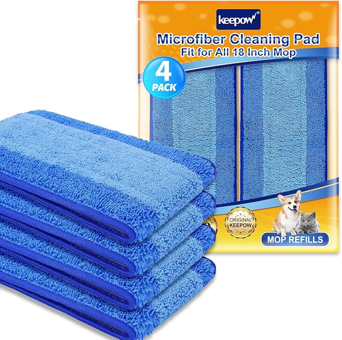 KEEPOW Microfiber Cleaning Pad, Mop Replacement Pads for Hardwood Floor Cleaner, 18 Inch, Washable & Reusable Spray Refills for Hard Surface Laminate Wood (4 Pack)