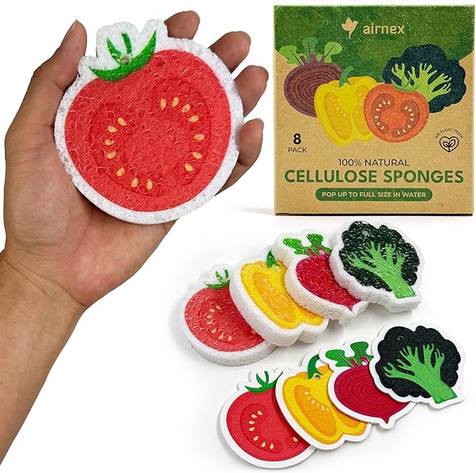 Biodegradable Cellulose Compressed Sponges Bulk - Vegetable Shaped Kitchen Pack of 8 - Eco Friendly, Odor Free, Natural, Pop Up Compostable Scrubbers for Washing Dishes