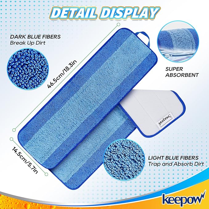 KEEPOW Microfiber Cleaning Pad, Mop Replacement Pads for Hardwood Floor Cleaner, 18 Inch, Washable & Reusable Spray Refills for Hard Surface Laminate Wood (3 Pack)