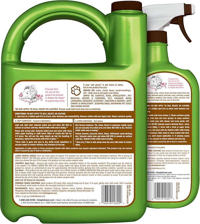 Simple Green Bio Dog Active Stain & Odor Remover - Enzyme Cleaner & Stain Remover for Carpet, Rugs & Fabric – eliminates Urine Odor (32 oz Spray & 1 gal Refill)