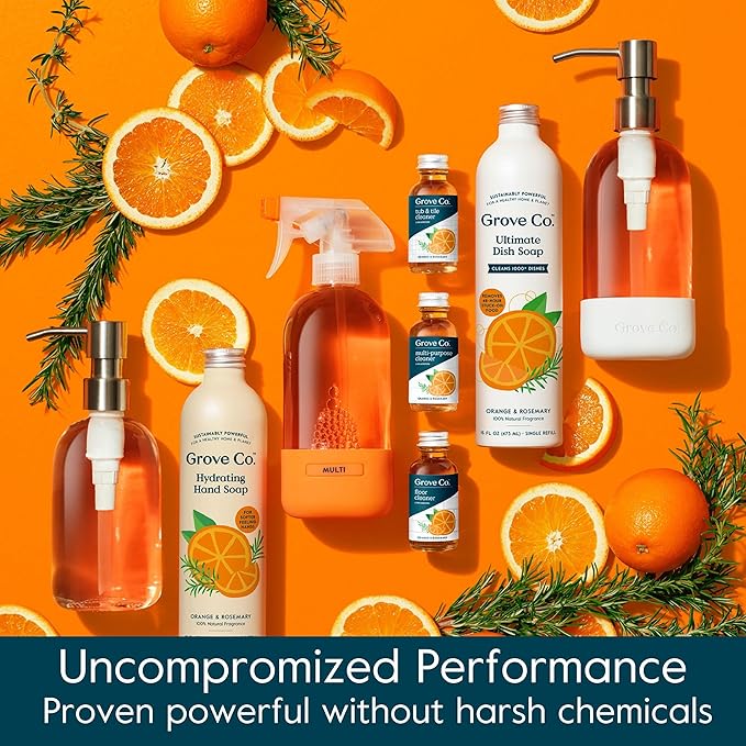 Grove Co. Tub and Tile Cleaner Refill Concentrate (2 x 1 Fl Oz) + 1 x Reusable Glass Spray Bottle (16 Oz) Plant-Based Cleaning Supplies Bundle, No Plastic Waste, 100% Natural Orange & Rosemary Scent