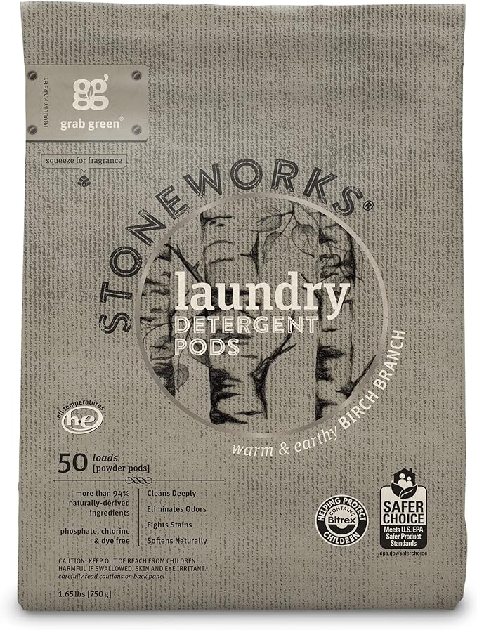 Grab Green Stoneworks Laundry Detergent Pods, Powered by Naturally-Derived Plant & Mineral-Based Powder Pods, Birch Branch, 50 Count (Pack of 1) Loads-EPA Safer Choice Certified