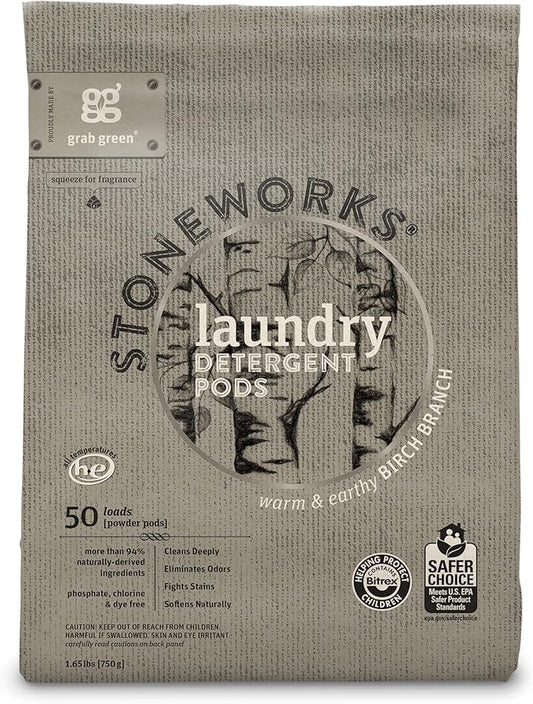 Grab Green Stoneworks Laundry Detergent Pods, Powered by Naturally-Derived Plant & Mineral-Based Powder Pods, Birch Branch, 50 Count (Pack of 1) Loads-EPA Safer Choice Certified