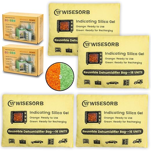 Rechargeable Gun Safe Dehumidifier, 4 Packs 16U Indicating Desiccant Packs with Transparent Window for Storage Reusable Silica Gel Packets Moisture Absorbers Safe Dehumidifier