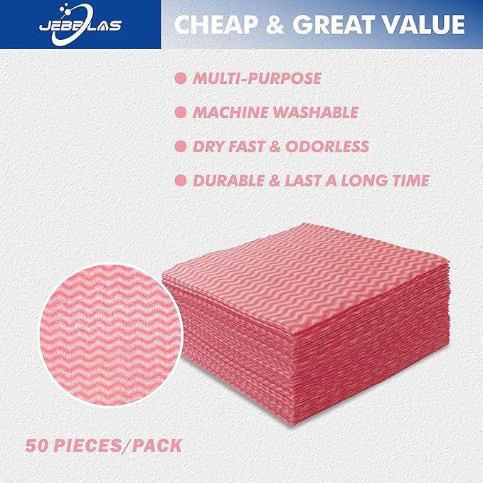JEBBLAS Handi Wipes Reusable Cloths Dry Cleaning Cloths Dish Towel Kitchen Towel Handy Cleaning Wipes,Pack of 50, Red