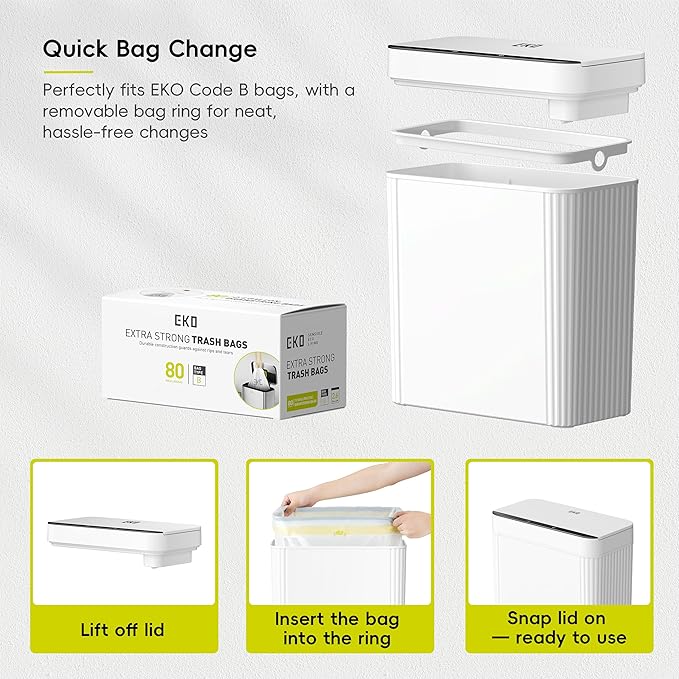 EKO Brio 10L/2.6 Gallon Motion Sensor Trash Can, Automatic Touchless Bathroom Garbage Bin, Waterproof Smart Trash Can for Kitchen, Bedroom, and Office, White