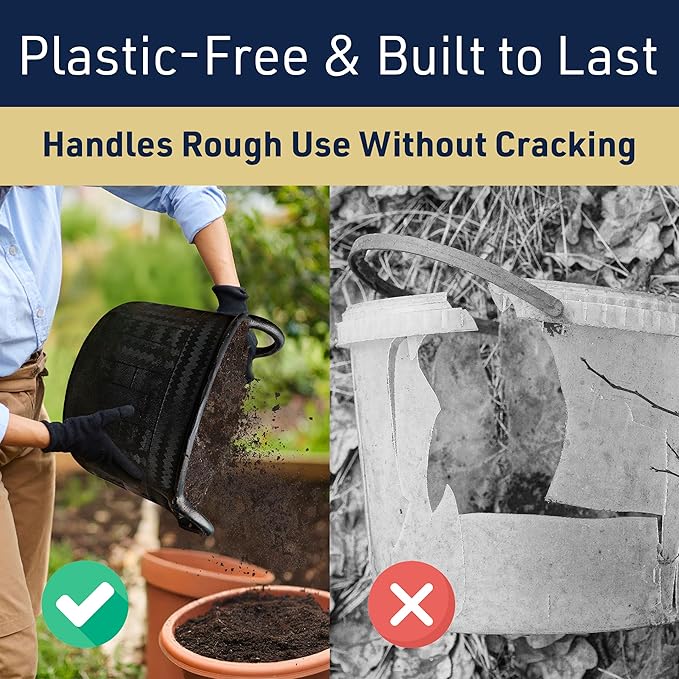 Large Bucket with Handles - 30L/8-Gal Natural Rubber Bucket - Multi Use Yard Waste Bin, Harvesting Basket for Gardening, or Utility Tub for Soaking and Washing Laundry by Kings County Tools (Black)