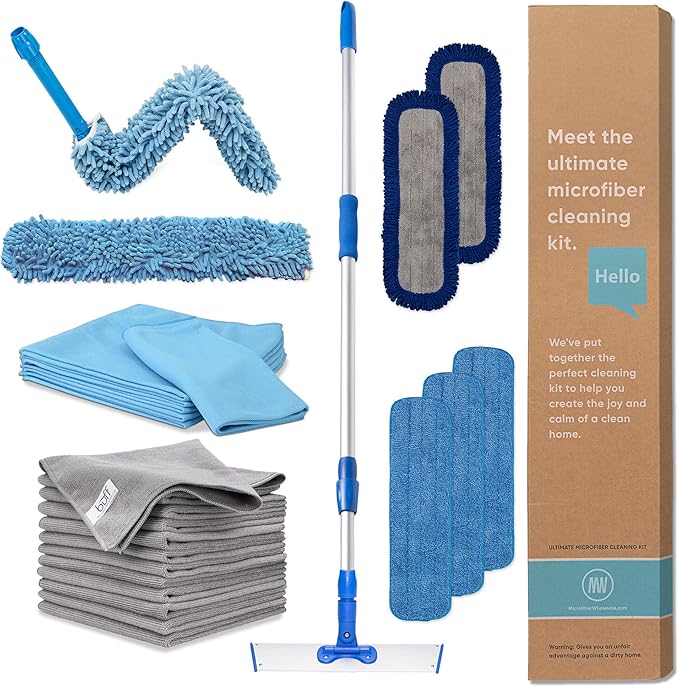 Ultimate Microfiber Cleaning Kit - Dry & Wet Mop for Hardwood, Tile, Vinyl Floors | 12Pack Microfiber Cloths | High Duster | Glass Cleaning Cloths | Reusable Mop Pads | Long Telescopic Handle