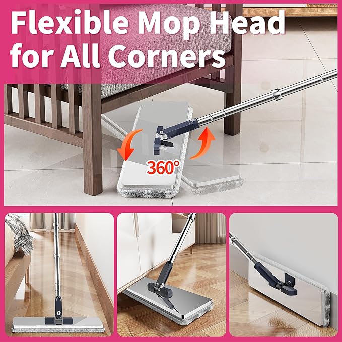 Flat Mop and Bucket for Home with Extra Refills, Stainless Steel Mop and Bucket with Wringer, Hands-Free Mop, Wet and Dry Use Mop with Long Handle (Purple)