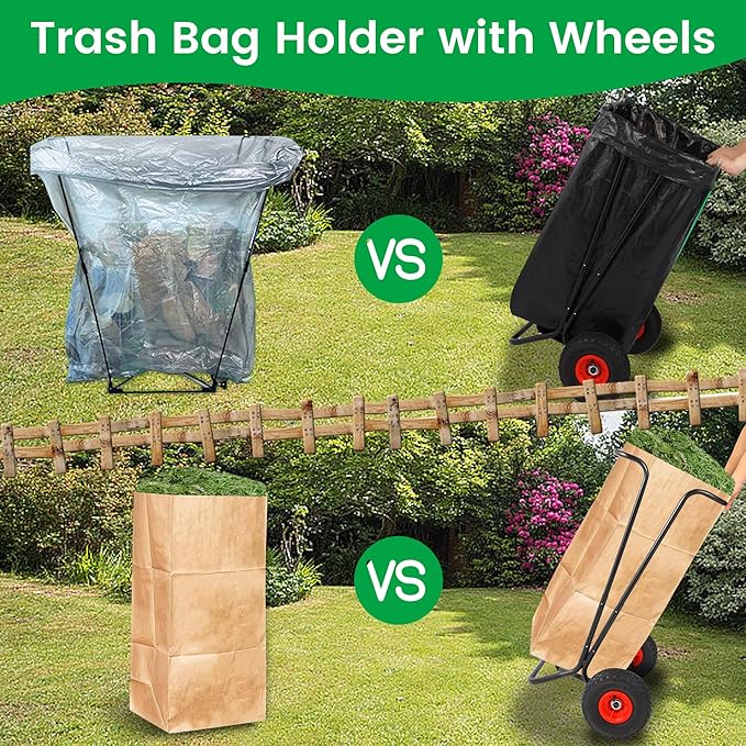 ARCITON Trash Bag Holder with Wheels, Heavy Duty Metal Garden Garbage Bag Support Frame can Hold 33-65 Gallon Leaf Bags, Leaf Bag Holder for Yard Lawn Cleanup Gardening Camping Party Weeding