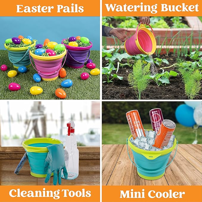 JOYIN Foldable Beach Bucket Set - 3 Packs Collapsible Toy Buckets with Shovels and Mesh Backpack for Kids Toddlers Party, Camping Gear, Travelling, Fishing Water Pail (Pink/Purple/Green)