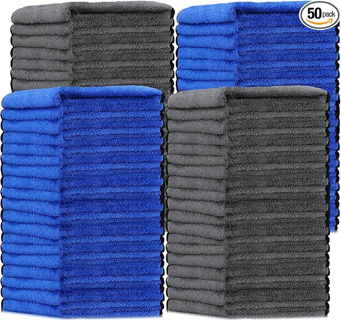 Tallew 50 Pcs Microfiber Towels 16 Inch x 16 Inch Microfiber Cloth Car Drying Towels for Cars Washing Polishing Office Windows Cleaning Household Supplies (Blue,Gray)