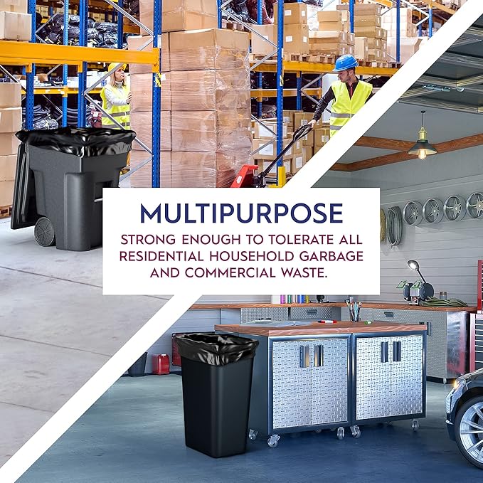 Ox Plastics Trash Can Liners Bags - 60 Gallon Capacity & 3mil Thick Extra Heavy Duty Strength - 50 Large Garbage, Leak-Proof & Durable, House & Commercial Use Bags Black