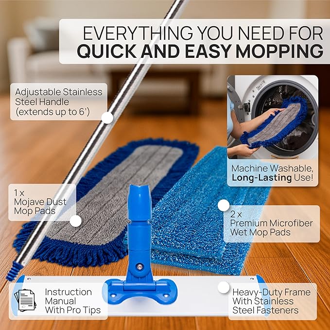 18” Pro Microfiber Hardwood Floor Mop - Cleans Floor in Seconds | Dust & Wet Mopping | Hardwood, Tile, Laminate & Vinyl with 3 Washable Pads, No Buckets Needed with Deluxe Household Mop
