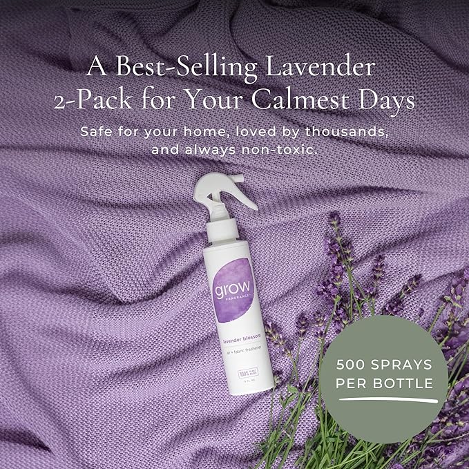 Grow Fragrance Scented Fabric and Room Air Freshener Spray - Certified Non-Toxic, 100% Plant-Based Essential Oils - 5 oz (Lavender Blossom 2-Pack)