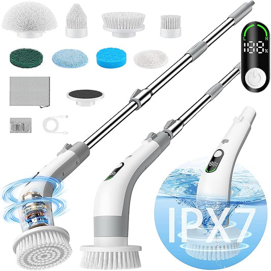 Electric Spin Scrubber with LED Display, IPX7 Waterproof Powerful Shower Scrubber, 2H Runtime, 2 Speeds, Adjustable Handle, 8 Brush Heads, Cleaning Brushes for Household Use Bathtub Tile Car