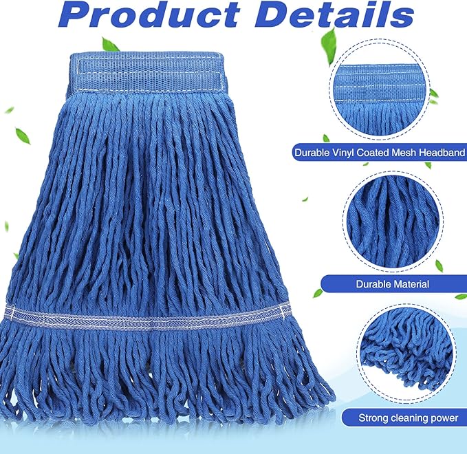 16 Pcs Commercial Mop Head Replacements 27.6 Inch Blue Looped End Heavy Duty Mop Heads Cotton String Industrial Cleaning Washable Mophead Refills for Commercial Industrial Home Cleaning