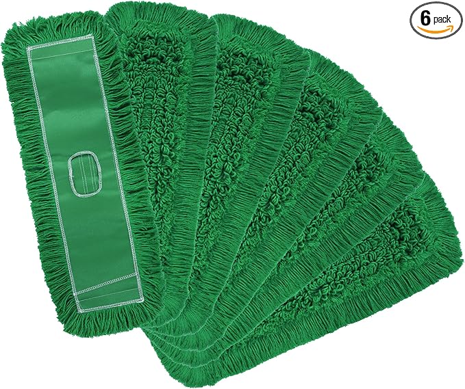 Matthew Cleaning 24'' Industrial Strength Cotton Dust Mop Refill Washable Replacement Heads for Residential & Commercial Use Fit Standard Dust Mop Frames, Hardwood,Concrete Floors Green Pack of 6