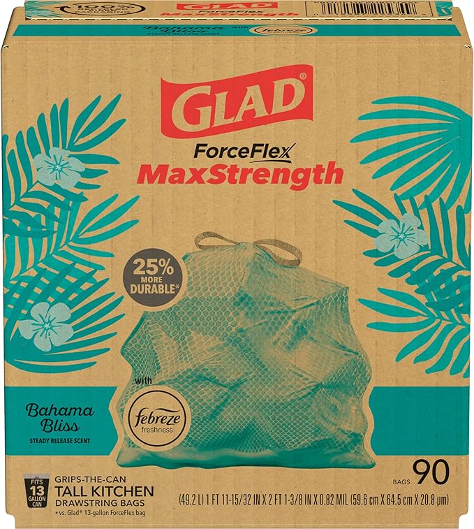 Glad ForceFlex MaxStrength Kitchen Trash Bags, 13 Gal, Bahama Bliss Febreze, 90 Ct (Pack May Vary)