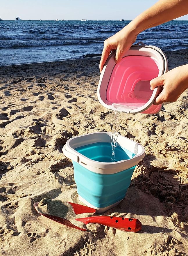 SAMMART Set of 2-2.6L (0.68 Gallon) Super Mini Sqare Collapsible Plastic Bucket - Foldable Square Tub - Portable Fishing Water Pail - Space Saving Outdoor Waterpot (2, Pink + Bright Blue)