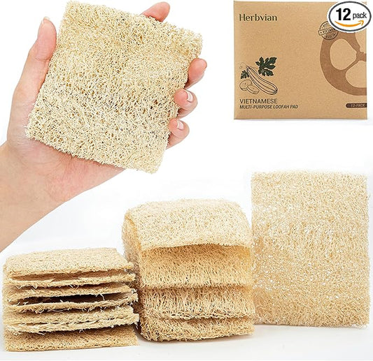 Natural Loofah Dual-Sided Scouring Pads, Plant-Based Non-Scratch Scrubbers for Kitchen Cleaning, Dishwashing, Household Use, 12 Count