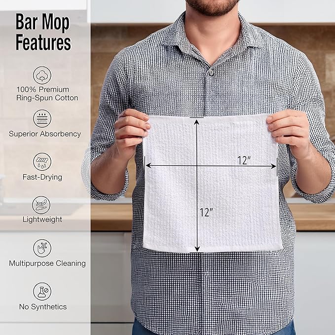 Bar Mop Cleaning Kitchen Dish Cloth Towels,100% Cotton, Machine Washable, Everyday Kitchen Basic Utility Bar Mop Dishcloth Set of 12, White