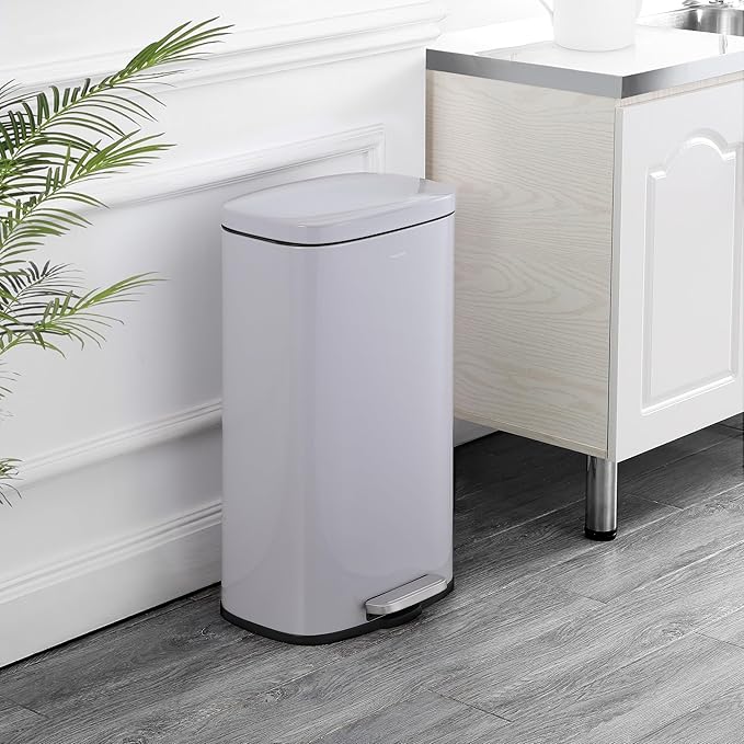 happimess HPM1011D Curtis 8-Gallon Step-Open Trash Can, Fingerprint Resistant, Modern, Minimalistic for Home, Kitchen, Laundry Room, Office, Bedroom, Bathroom, Fog Gray