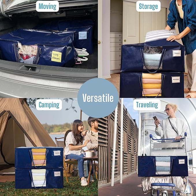 VENO 2 Pack Moving Bags Extra Large Storage Bags for College Move-In, Heavy-Duty Storage Totes, Packing Boxes, and Wardrobe Moving Supplies - Durable Laundry Bags for Clothes (Blue w/Window, 2 Pack)