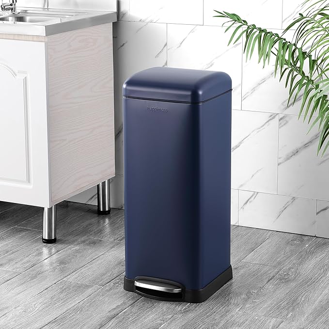 happimess HPM1007H Betty Retro 8-Gallon Step-Open Trash Can, Fingerprint Resistant, Modern, Minimalistic for Home, Kitchen, Laundry Room, Office, Bedroom, Bathroom, Denim Blue