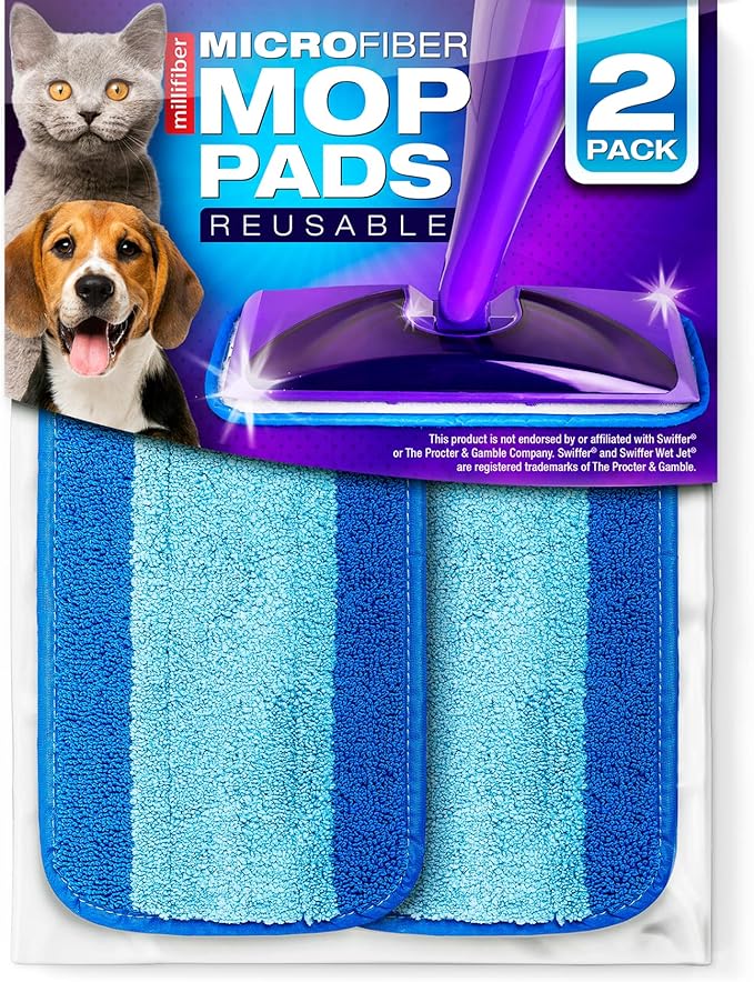 Reusable Mop Pads Compatible with Swiffer WetJet (2 Pack) - Microfiber Mop Refill for Wet Mopping Cloths - Hardwood Floor Cleaning Spray Pads Reusable Replacements