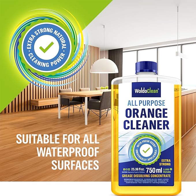 WoldoClean Orange Oil Cleaner Concentrated 25.36 fl oz (1 : 1000) - makes up to 200 Gallons Multi-Use Adhesive & Grease Remover, Custom-Dilution Citrus Degreaser for Floors, Kitchen & Bath