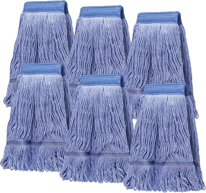 Pack of 6 Heavy Duty Commercial Looped End Cotton Mop,String Cotton Mop Refill Heads for Industrial,Residential and Most Floor Cleaning-Wet Industrial Blue String Mop Replacements Head