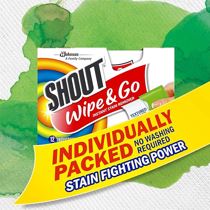 Shout Wipes Stain Remover for Clothes Laundry, Instant Stain Remover and Individually Wrapped, Travel Essentials, Works on Everyday Stains, 12 Wipes per Carton (1 Carton)