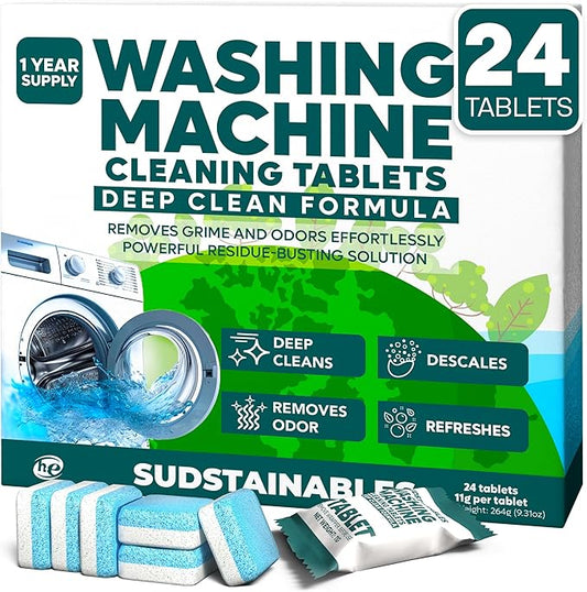 Sudstainables Washing Machine Cleaner Tablets (24-Pack) – Deep Clean Odor & Residue Remover for Front & Top Load Washers, HE & Septic Safe Washing Machine Tub Cleaner for Long-Lasting Freshness