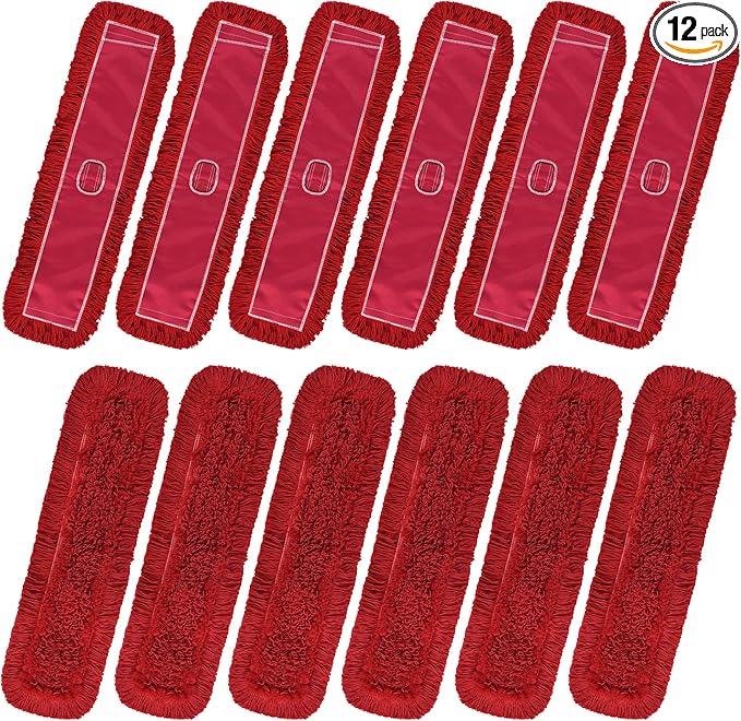 Matthew Cleaning 36'' Industrial Strength Cotton Dust Mop Refill Washable Replacement Heads for Residential & Commercial Use Fit Standard Dust Mop Frames, Hardwood, Concrete Floors Red 12 Pack