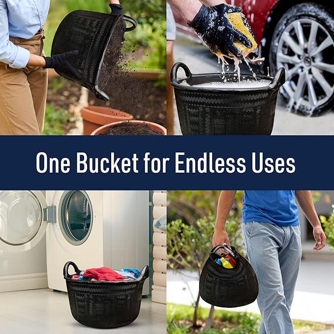 Large Bucket with Handles - 30L/8-Gal Natural Rubber Bucket - Multi Use Yard Waste Bin, Harvesting Basket for Gardening, or Utility Tub for Soaking and Washing Laundry by Kings County Tools (Black)
