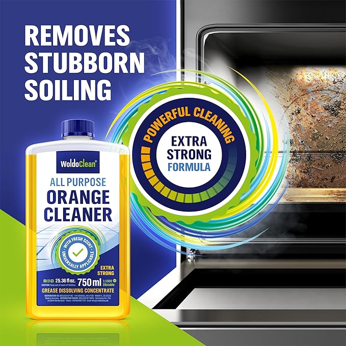 WoldoClean Orange Oil Cleaner Concentrated 25.36 fl oz (1 : 1000) - makes up to 200 Gallons Multi-Use Adhesive & Grease Remover, Custom-Dilution Citrus Degreaser for Floors, Kitchen & Bath