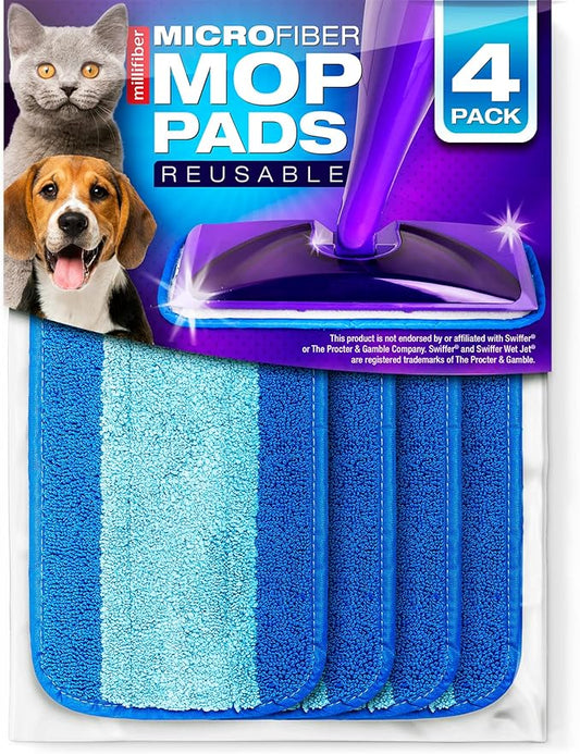 Reusable Mop Pads Compatible with Swiffer WetJet (4 Pack) - Microfiber Mop Refill for Wet Mopping Cloths - Hardwood Floor Cleaning Spray Pads are Reusable Replacements