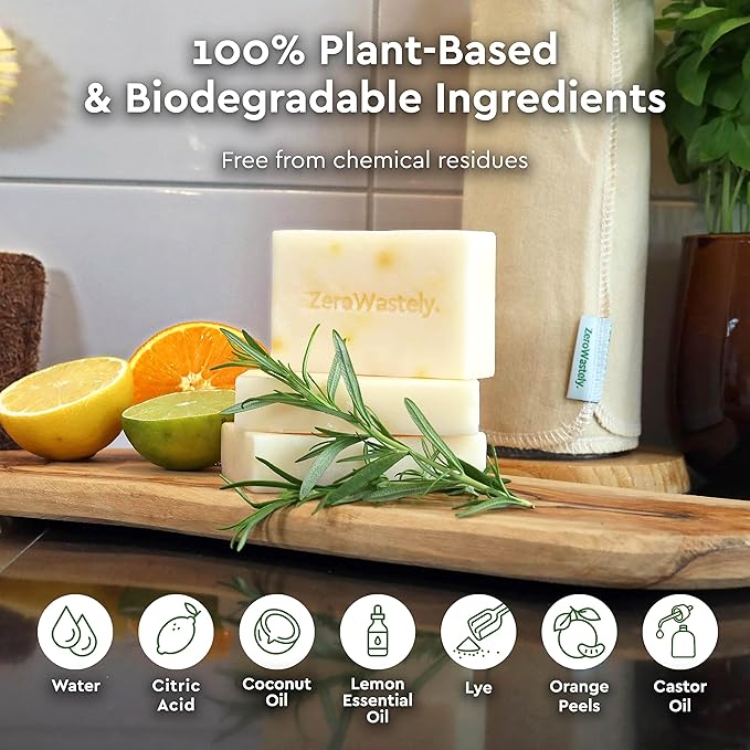 ZeroWastely Natural Dish Soap Bar - Value Pack of 3 Solid Soap Block 16oz - Lemon Scented, Long Lasting, Skin Friendly - Sustainably Made from 100% Organic Ingredients - Plastic Free Dish Soap