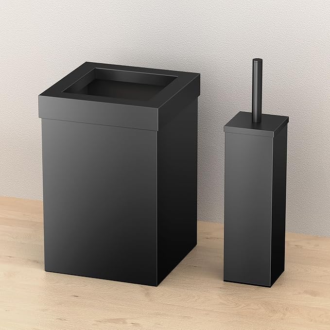 Gatco Modern Square Waste Basket and Toilet Brush Set, Matte Black - Stainless Steel Trash Can with Removable Lid, Leakproof, 3 Gallon Capacity for Bathroom, Bedroom, Kitchen, or Office