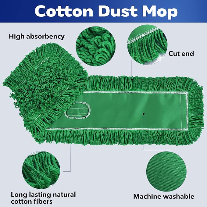 Matthew Cleaning 36'' Industrial Strength Cotton Dust Mop Refill Washable Replacement Heads for Residential & Commercial Use Fit Standard Dust Mop Frames, Hardwood, Concrete Floors Green 3 Pack