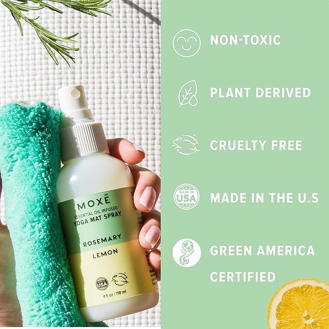MOXE Yoga Mat Cleaner Spray, Rosemary & Lemon Essential Oil, Safe for All Mats & Exercise Equipment, Odor & Sweat Protection, Includes Microfiber Cleaning Towel, Green America Certified, 4 Oz (2 Pack)